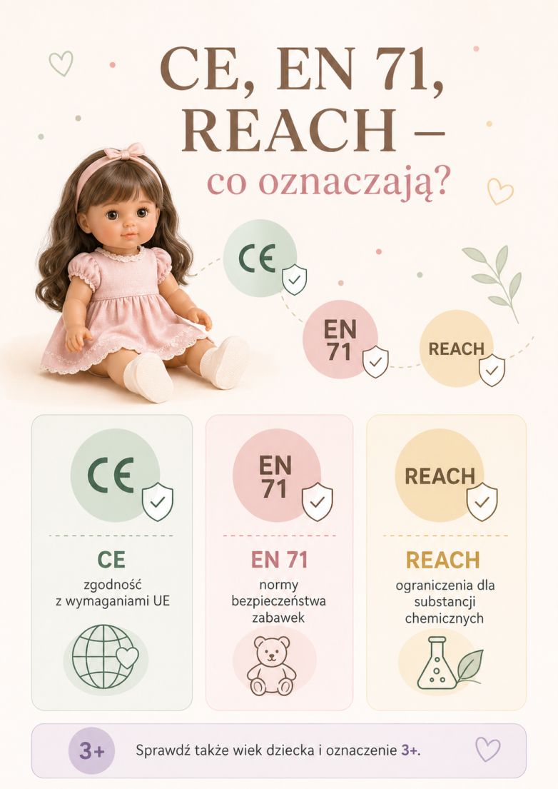 Infografika wyjaśniająca oznaczenia CE, EN 71 i REACH przy zakupie bezpiecznej lalki winylowej
