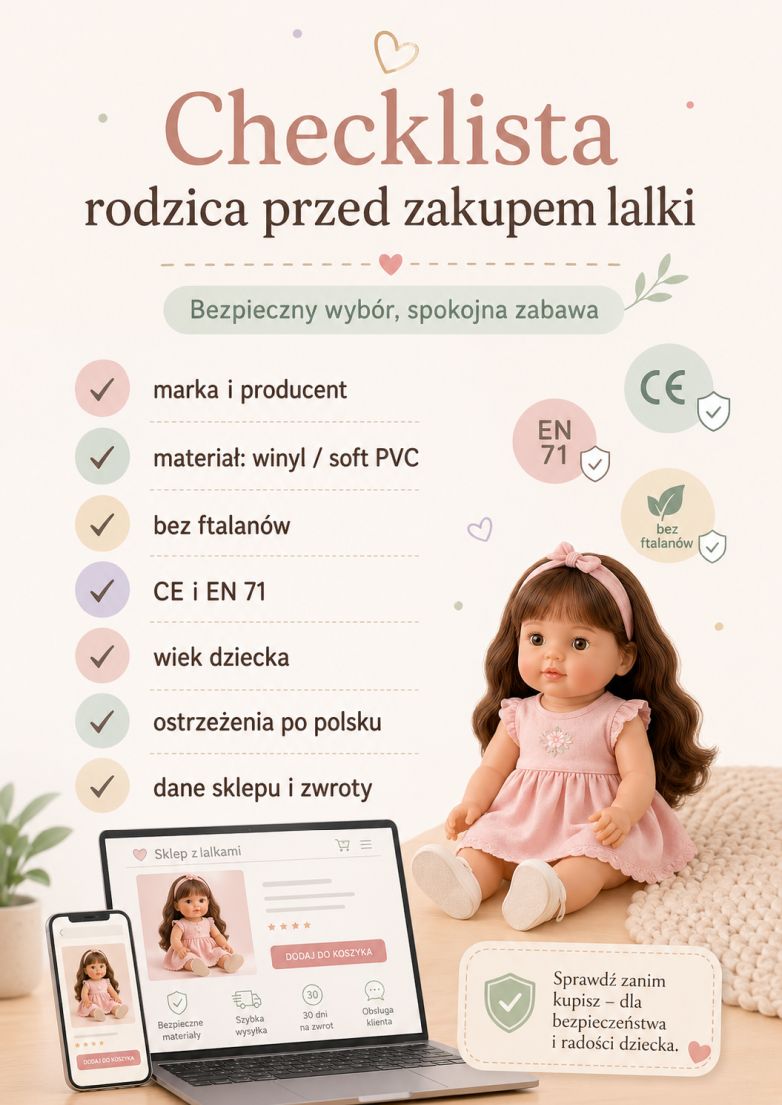 Checklista rodzica przed zakupem lalki winylowej online: marka, materiał, bez ftalanów, CE, EN 71, wiek dziecka i dane sklepu