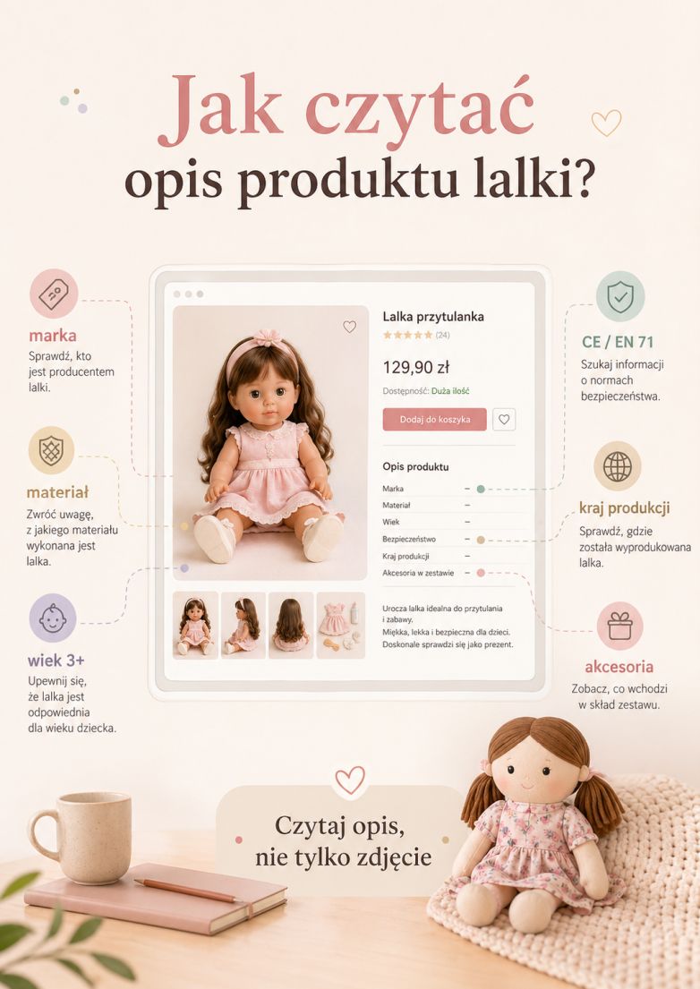 Infografika pokazująca, jak czytać opis produktu lalki online: marka, materiał, wiek 3+, CE, EN 71, kraj produkcji i akcesoria